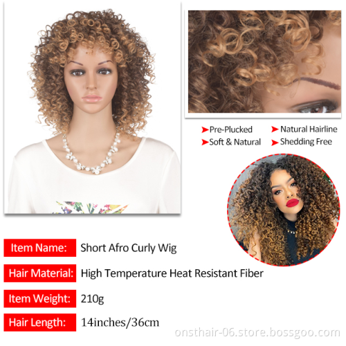 T27/33 Color 14'' Short Afro Curly Hair Wig With Bangs Heat Resistant Fiber Kinky Curly Synthetic Hair Wigs For American African